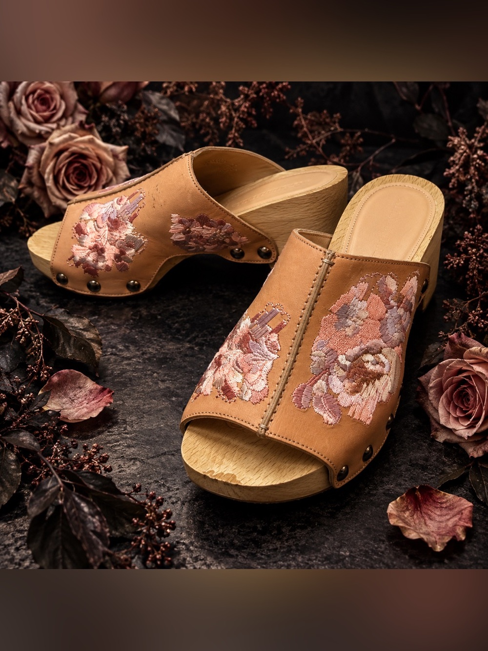 Alexander McQueen Peach Floral Embroidered Wooden Clogs